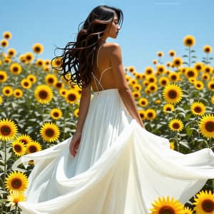 Asian Woman in Flowy White Dress Amidst Sunflower Field