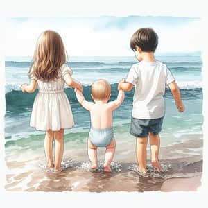 Watercolor Painting of Three Children on Beach