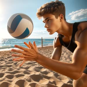 Young Boy Playing Volleyball on Sunny Beach | Athletic Kid Volleyball Gameplay