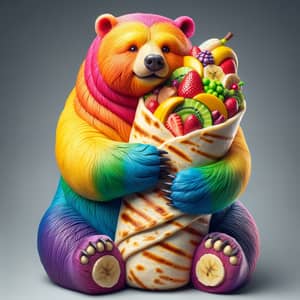 Colorful Rainbow Bear Embracing Shawarma with Tropical Fruits