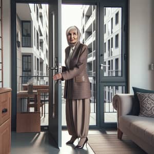 Elegant Middle-Eastern Elderly Woman Leaving Tidy City Apartment