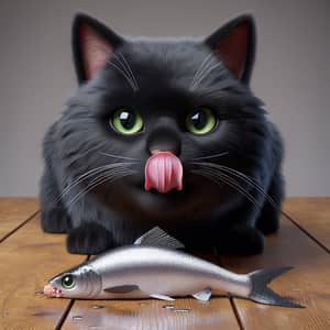 Black Domestic Cat Enjoying Fish Meal on Wooden Table