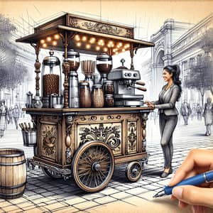 Rustic Coffee Cart Sketch | Vintage Details & Espresso Machine