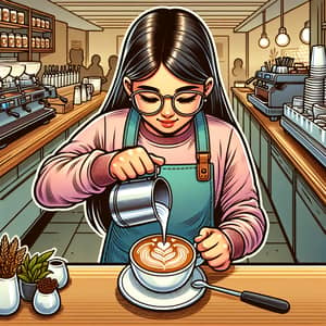 South Asian Female Barista Creating 'QYS' Latte Art