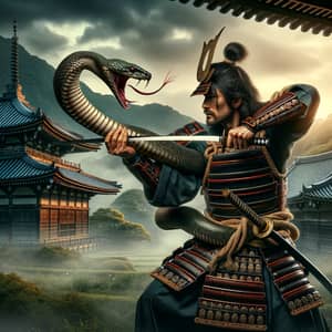 Daring Samurai Confronts Serpent in Ancient Japan