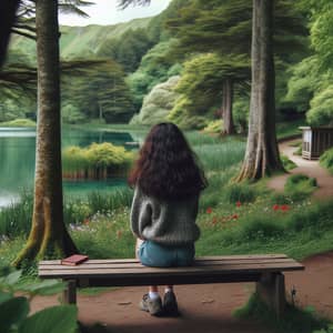 Tranquil Scene: Girl Sitting on Bench in Lush Green Park