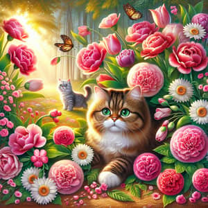 Enchanting Floral Scene with Playful Cats