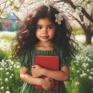 Young Hispanic Girl in Green Dress with Red Book in Sunny Meadow