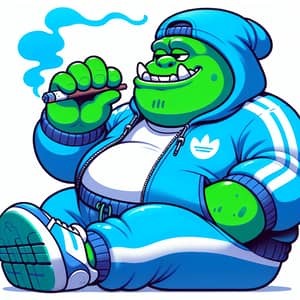 Trendy Green Ogre in Blue Tracksuit Smoking | Sportswear Brand