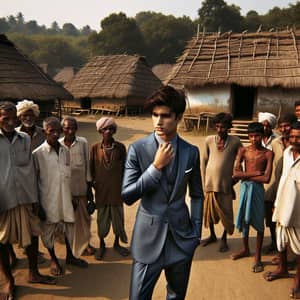 Stylish South Asian Boy in Modern Suit Amidst Rural Village