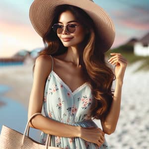Stylish South Asian Woman Enjoying Sunny Seaside | Sun Hat & Floral Dress