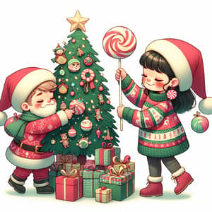 Whimsical Christmas Scene: Boy & Girl Retrieving Presents
