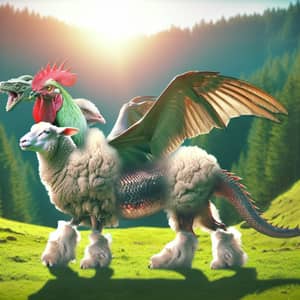 Mythical Creature: Dragon Body, Sheep Head, Chicken Legs in Lush Meadow