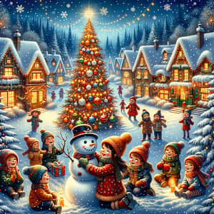 Festive Holiday Illustration - New Year Joy in Snowy Village