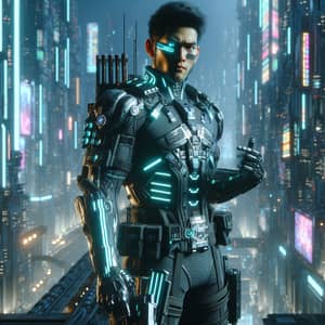 Futuristic Cyberpunk Mercenary in Detailed Urban Scene