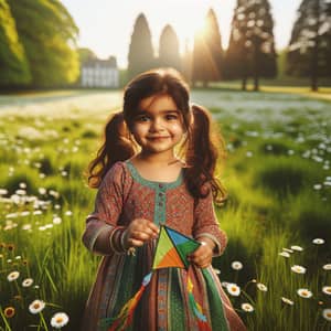 Young Girl Playing in Sunlit Field with Colorful Kite