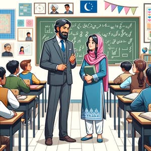 Diverse Classroom Scene with South Asian Male Teacher and East Asian Female Student