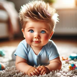 Adorable Baby Boy with Spiky Hair Exploring in Blue Onesie | Website Name