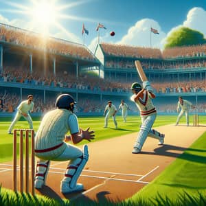 Exciting Cricket Match Scene | Lush Green Pitch, Cheering Audience