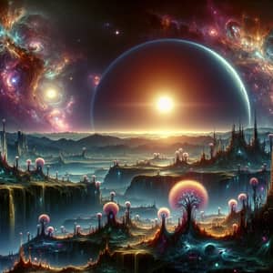 Otherworldly Planet: Vibrant Vegetation & Celestial Skies