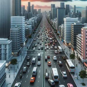 Dynamic Cityscape with Diverse Vehicles and Sunset Sky