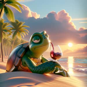 Turtle Enjoying Wine on Beach | Tranquil Scene