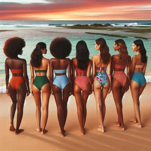 Diverse Women in Colorful Bikinis at Serene Beach Sunset