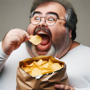 Joyful Overweight Person Eating Potato Chips