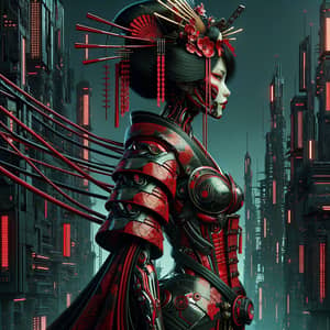 Geisha Cyborg Girl in Futuristic Leather Armor