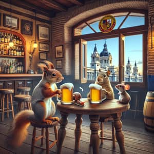 Anthropomorphic squirrel, mollusk, and mouse in Madrid bar