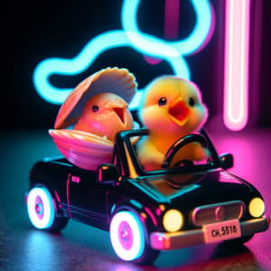 Nighttime Adventure: Chick and Mollusk Singing in Neon-Lit Car
