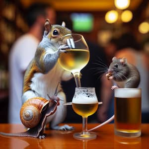 Spanish Bar Scene: Squirrel, Mollusk, and Rat Enjoying Drinks