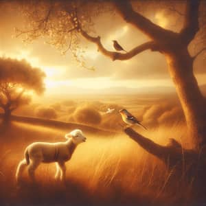 Serene Countryside Scene: Lamb and Nightingale in Spanish Baroque Art