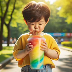 Young Chinese Child Enjoying Refreshing Slurpee in Lush Park