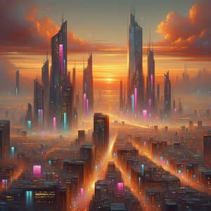 Futuristic Cityscape at Sunset - Cyberpunk Artwork