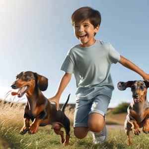 Joyful Hispanic Boy Playing with Dachshund Dogs Outdoors