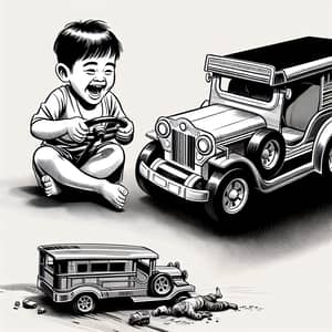 Filipino Child Joyously Steering Modern Jeepney - Editorial Cartoon