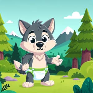 Comical Anthropomorphic Wolf Cartoon Character in Diaper