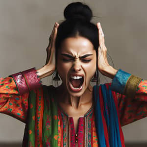 Intense Expression of South Asian Woman in Traditional Indian Attire