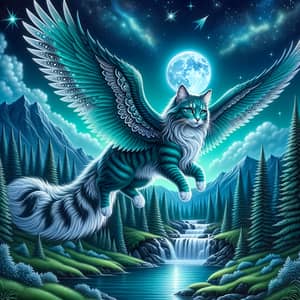 Majestic Teal Cat with Wings in Enchanting Forest Scene