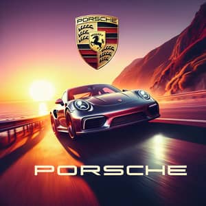Luxury Porsche Sports Car Racing Along Coastal Highway at Sunset