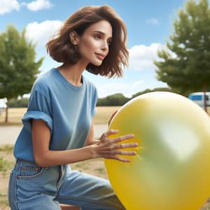 Caucasian Woman Inflating Bright Yellow Balloon in Sunny Park