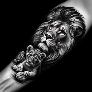 Realistic Lion Tattoo Design with Two Lion Cubs in Black and White