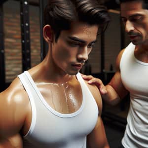 Sweating Young Man Correcting Chest Workout with Hispanic Trainer
