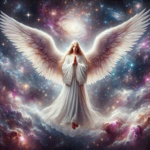 Majestic Angel with Feathered Wings | Celestial Cosmic Scene