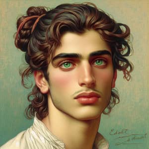 Pre-Raphaelite Style Portrait of a Young Man with Green Eyes and Brown Curly Hair
