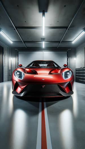 Sleek Red Ferrari: Luxury Sports Car Front View in Garage