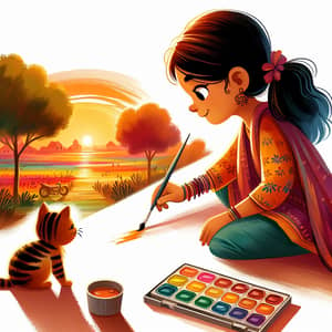 Indian Ethnicity Girl Painting Vibrant Countryside | Art