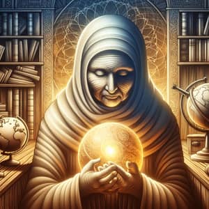Illustration of Wisdom: Middle-Eastern Elderly Woman with Golden Orb