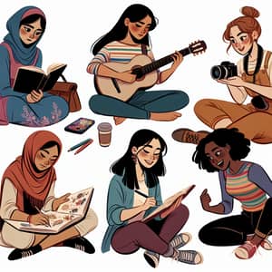 Diverse Girls Engaged in Activities | Vibrant Illustration